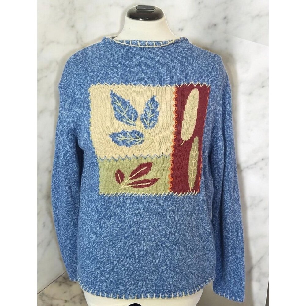 Celina Yang Designs Sweater W/ Leaf Motif Womens Large Blue Patchwork Style